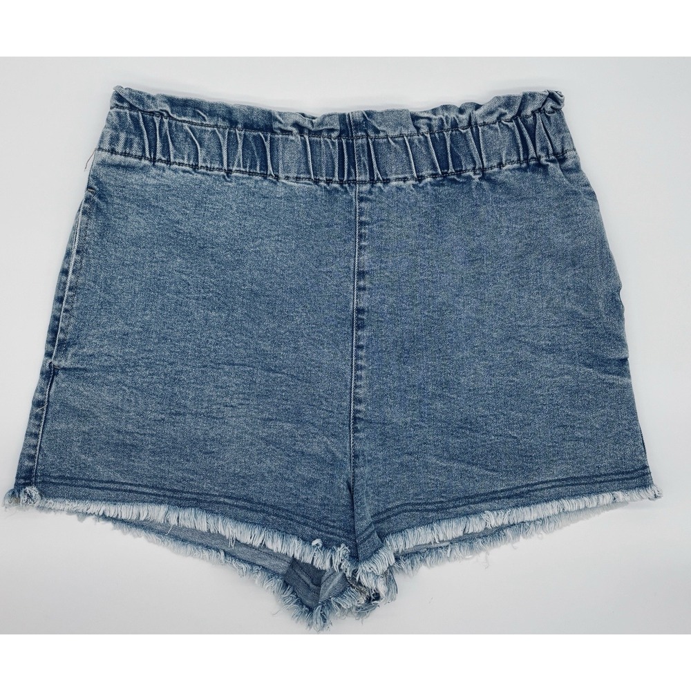 Material Girl Shorts Juniors XL Fray Raw Hem Blue Denim Elastic Waist Pocket